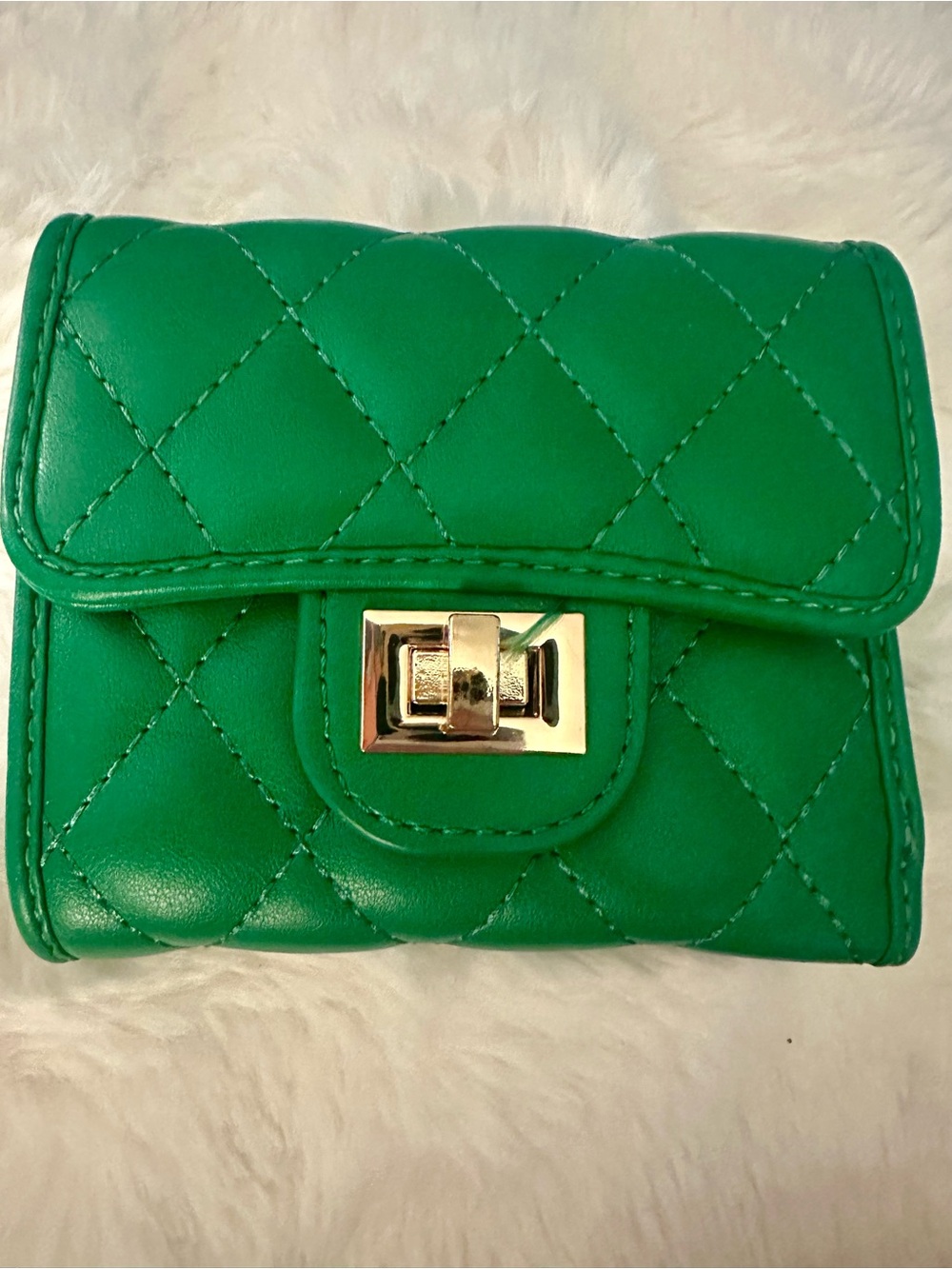 Quilted Green Mini Wallet with Gold Turn-Lock Accent